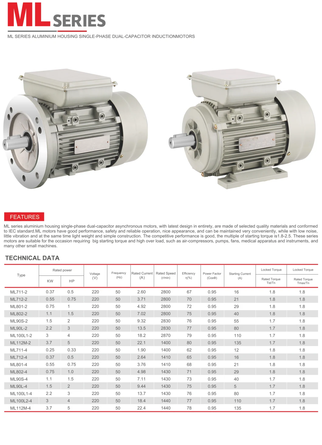 Ml Yl Series Aluminum Housing Single Phase Dual Capacitor Asynchronous Motor